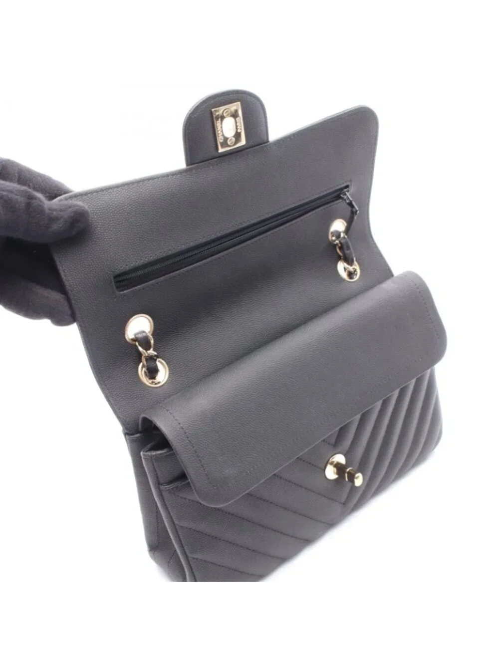 Chanel Shoulder Bag Chevron Stitch Double Flap Matte Black Caviar Leather